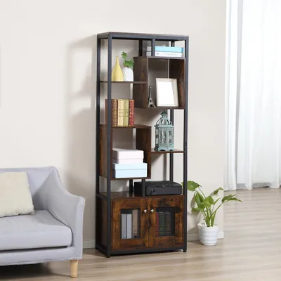 Zdjęcie produktu dla Regał na książki w stylu industrialnym z szafką dwudrzwiową i 8 przegródkami, wymiary: 70x30x180 cm, kolor: brązowy