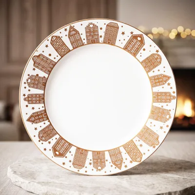 Produktbild von Platzteller Weihnachten 33cm Deko Teller Häusermotiv Beige Melamin Tischdeko