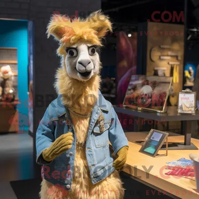 Produktbild von Maskottchenfigur REDBROKOLY eines goldenen Lamas mit Chambray-Hemd und Ohrringen