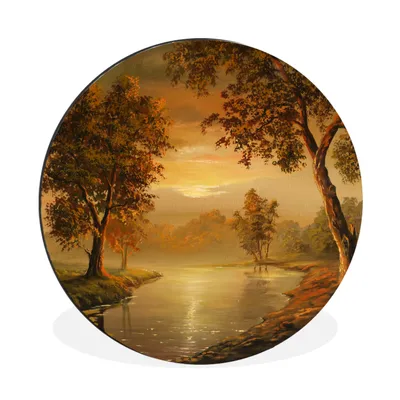 Produktbild von MuchoWow® Aluminium Wandkreis Herbst - Landschaft - Ölgemälde Ø 90 cm Wanddeko Modern Wohnzimmer - Mauerkreis - Wandbilder - Runde Bild - Bild aus Aluminium - Schlafzimmer - Wohnzimmerdekoration - Wand Dekoration