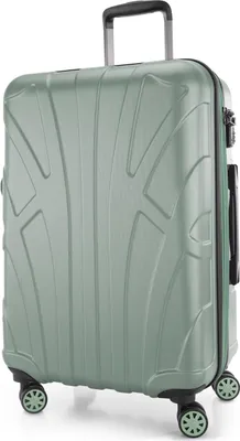 A mint green suitcase shown from a diagonal front view.