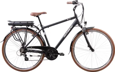 A black electric trekking bicycle with brown accents is shown against a white background.