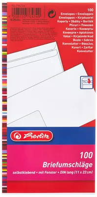 Immagine prodotto di Buste DIN lungo con finestra, autoadesive, bianche, confezione da 5 x 100 pezzi
