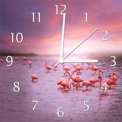 Produktbild von Wallario Design Wanduhr Rosa Flamingos bei Sonnenuntergang aus Echtglas, Größe 30 x 30 cm