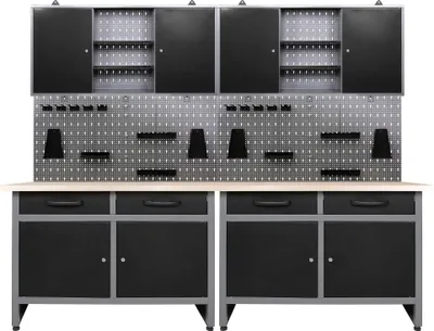 Produktbild von Ondis24 Metall Werkstatt Set 240 cm "Werner" 2x Werkbank + 2 Schränke abschließbar höhenverstellbare Füße Arbeitsplatte Holz Werkstatteinrichtung Packtisch Werktisch Werkstatttisch Montagewerkbank Hängeschrank Werkzeugschrank Werkstattschrank Werkzeugwand Werkstattwand Werkzeughalter Lochblech