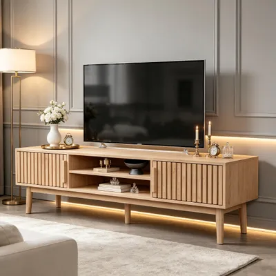 Obrázok produktu pre INONEFT TV skrinka, 150 cm, nízka komoda pod televízor s otvorenou policou, s 2 dvierkami, pre televízory do 65 palcov, farba prírodného dreva