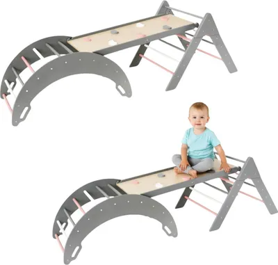 Produktbild von Kletterbogen Holz Schaukel + Rutschen Zweiseitige + Kletter Dreieck für Kinder | Spielplatz | Montessori Spielzeug | Rockerboard