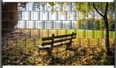 Produktbild von Wallario Zaunsichtschutz mit Motiv Idyllische Holzbank in den Bergen für Ein- und Doppelstabmatten Zäune in der Größe 250 x 140 cm
