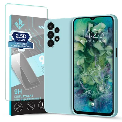 Produktbild von Hülle für Samsung Galaxy A13 mit 9H Displayglas Displayschutz Case Cover Bumper Smartphone Softgrip Schutzhülle Farbe: Hellblau