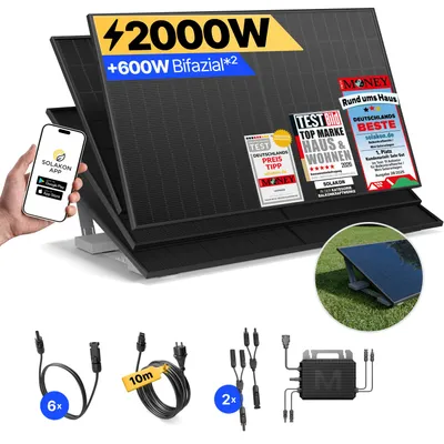 Produktbild von Balkonkraftwerk 2000W Solaranlage mit Garten Halterung Steckerfertig Komplettset Photovoltaik Anlage 800W, Kabellänge: 10m, Solakon - onPower
