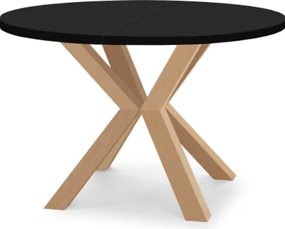 Image de Table ronde à rallonges pour salle à manger RAL avec pieds en bois, style loft, industriel, diamètre : 90 / 140 cm, couleur : noir / hêtre naturel