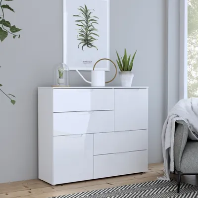 Zdjęcie produktu dla Kommode >SIENNA< in weißglanz Dekorfolie - 115,1x94,5x34,4cm (BxHxT)