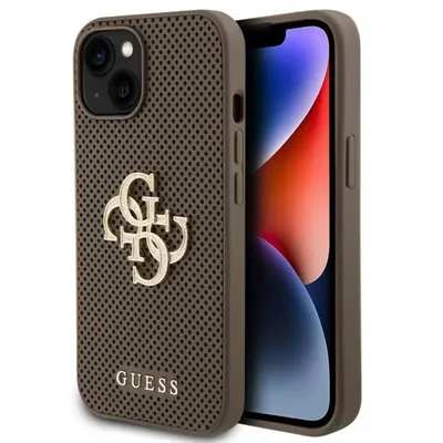 Produktbild von Guess PolyurethanPerforated 4G Glitter Metal Logo Back Cover für iPhone 15 Taupe