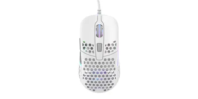 A white gaming mouse with RGB lighting is shown from a top-down perspective against a white background.