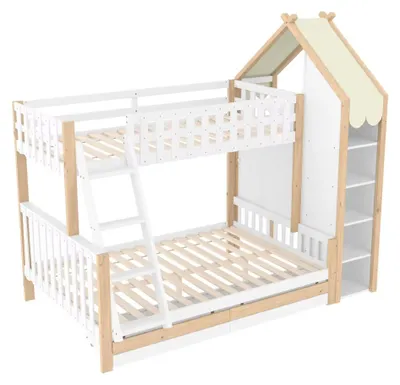 Immagine prodotto di Letto a castello in legno di pino - Letto matrimoniale nella parte inferiore - Letto superiore 90 x 200 cm - Letto inferiore 140 x 200 cm - Scrivania - Cassetti portaoggetti - Bianco/Naturale