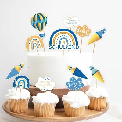 Produktbild von Tortendeko Einschulung 12-teilig Regenbogen Cupcake Toppers Schulanfang Kuchen Deko