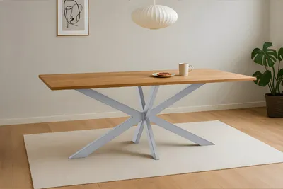 Produktbild von Esstisch 200x100 cm Baumkante Eichenholz massiv geölt Spider-Gestell silber SALVADOR