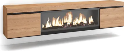 Image de COZY Meuble TV, Banc Télé, 208x35x45cm, Pour les TV jusqu'à 80", Cheminée électrique XXL, Suspendu, Mural, Chêne