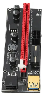 Obrázok produktu pre PCIe Riser s 4 kondenzátormi FP a 6-pinovým rozhraním – efektívna, ochranná a praktická adaptérna karta na zvýšenie výkonu napájania