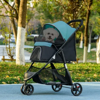 Produktbild von Hundebuggy klappbar mit Regenschutz & 2 Getränkehalter, Hundewagen Polyester-Stahl, Dunkelgrün | 80,5 x 51,5 x 100 cm | bis 10 kg | 360°-Vorderräder