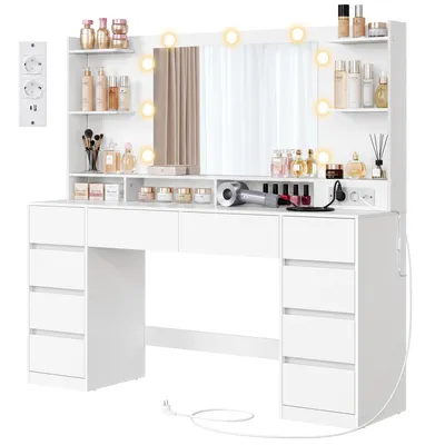 Produktbild von VASAGLE Schminktisch mit Spiegel und Beleuchtung, 10 Schubladen und Ladestation, 137 x 40 x 144,3 cm, Weiß