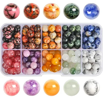 Image de 200 perles rondes naturelles en pierres précieuses, diamètre 8 mm, pour la création de bijoux. Lot de 10 sortes de perles en pierre, 10 couleurs différentes