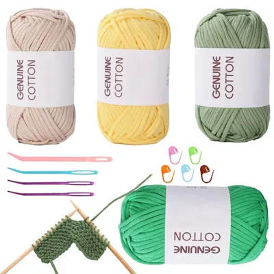 Produktbild von Häkelgarn für Anfänger, 4 Stück, Baumwolle-Nylon, Hellgrün+Dunkelgrün+Beige+Gelb, mit Zubehör