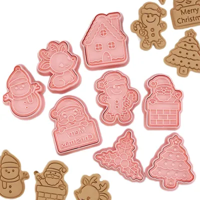 Produktbild von Weihnachtsplätzchenausstecher-Set, 8-teilig, 3D-Ausstecherstempel aus Kunststoff (Set C)