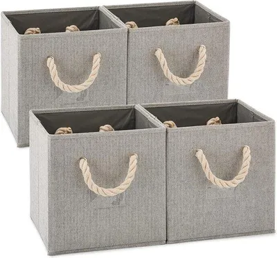 Produktbild von Unyqoos® Faltbare Aufbewahrungsbox 4er-Set, Beige, Bambus-Baumwolle, 26,7 x 26,7 x 28 cm – mit stabilen Griffen