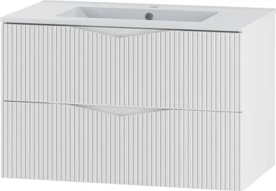 Produktbild von Badezimmer Waschtisch mit 80 cm Breite in weiß mit gerillter Front, 2 Schubladen - CALURI-140