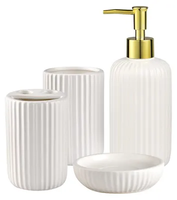 Immagine prodotto di Set di accessori da bagno, 4 pezzi, Vetroceramica bianca e dorata: porta spazzolini, dispenser di sapone, bicchiere, saponiera