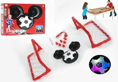A collage of images showing a toy soccer game with hoverball and goals, along with a depiction of children playing a table game.