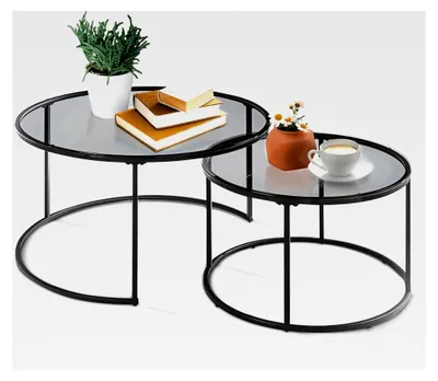 Produktbild von Couchtisch Kokkola 2er Set Wohnzimmertisch rund Beistelltisch Schwarz Tischplatte aus Glas Kaffeetisch Metallgestell