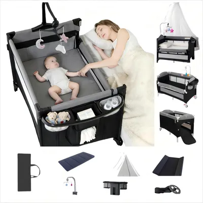Produktbild von Baby-Reisebett faltbar mit Moskitonetz Grau Höhenverstellbar Beistellbett Laufstall Wickelstation