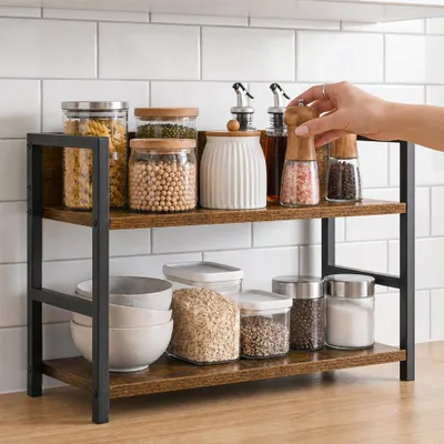 Produktbild von Gewürzregal Stehend mit 2 Ebenen,Küchenregal Arbeitsplatte, Aufbewahrung für Gewürze,für Küche,Wohnzimmer,Büro 43x18x30cm Braun