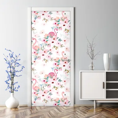 Produktbild von Dekorative Türtapete selbstklebend Türposter Tapete Türaufkleber Blumen und Flamingos 85 x 200 cm