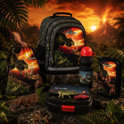 Produktbild von 5in1 Dinosaurier SCHULRUCKSACK SCHULRANZEN Set Ranzen Federmäppchen Turnbeutel fur jungen T-REX DINO Tyrannosaurus, KI-generiertes Bild