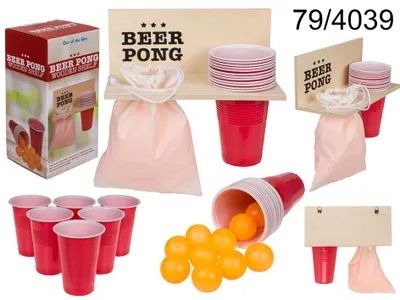 Zdjęcie produktu dla Beer Pong z drewnianą półką, w tym 12 kubków i 12 piłeczek
