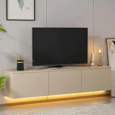 Immagine prodotto di Homidea Vesta, mobile sospeso a LED per TV, 160 cm - Mobile TV moderno da parete con illuminazione LED integrata, ante a ribalta e spazio contenitivo per il soggiorno (beige)