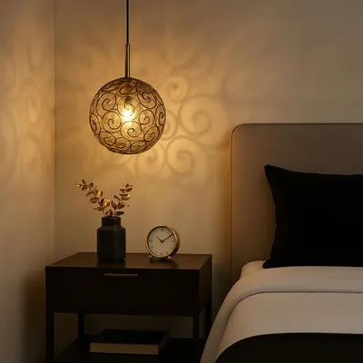 Produktbild von LED Hängeleuchte, schwarz gold, Glas amber, H 120 cm