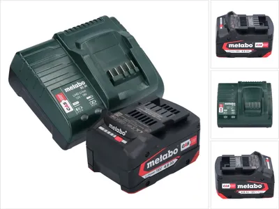 A collage of images showing Metabo power tool batteries and chargers.