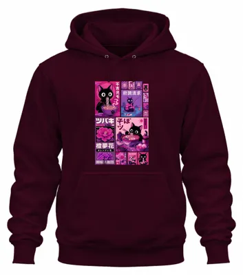 Zdjęcie produktu dla Japońska kotka, ramen, sushi, Tsubaki, Japonia, styl Y2K, bluza z kapturem, motyw: manga, kolor: burgundowy, rozmiar: M