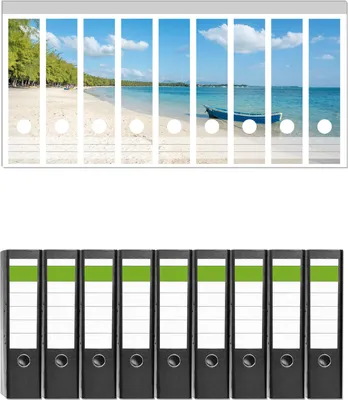 Produktbild von Wallario 9 Stück breite Ordner inkl. Klebeetiketten mit Motive Boot an einem tropischen Strand -  Set mit Rückenschildern / Ordnerrücken Stickern