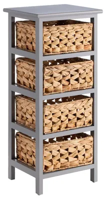 Produktbild von Kommode ARBO mit 4 Körben aus Wasserhyazinthe - grau, hochwertiges Paulownia Holz, grau lackiert, mit praktischer Aufbewahrung, ideal für den Flur und schmale Räume