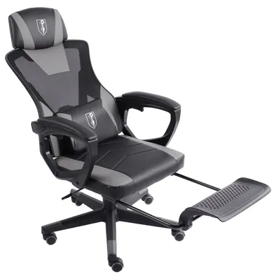 Produktbild von Gaming Stuhl im modernen Racing-Design mit einklappbarer Fußstütze - Gaming Chair mit flexiblen Armlehnen - ergonomischer Gaming Schreibtischstuhl mit extra Stützkissen  ,Farbe:Schwarz/Grau