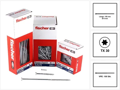 Produktbild von fischer Spanplattenschraube PowerFast, FPF II CTP 6,0 x 150 BC 100 Senkkopf mit Innenstern TX Teilgewinde galvanisch verzinkt, blau passiviert, 100 Stück