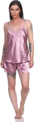 Produktbild von Damen Satin Nachtwäsche Pyjama Set Shorty mit Spitze; Heide/M