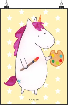 Produktbild von Mr. & Mrs. Panda Bild Einhorn Künstler DIN A2 - Gelb Pastell - Geschenk, Pinsel, Farbe, Welt, wanddeko, Stift, drucke, kunstdruck poster, Deko, Plakat, Englisch, Unicorn