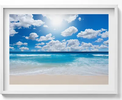 Produktbild von Strand, Meer und Horizont– Wandbild mit Rahmen – Gerahmtes Bild  – Wanddekoration – 80x60 cm –  Weiß Rahmen