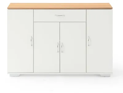 Obrázok produktu pre Komoda, šírka 110 cm, dubová a biela, s zásuvkami a dvierkami | 110 x 30 x 73 cm